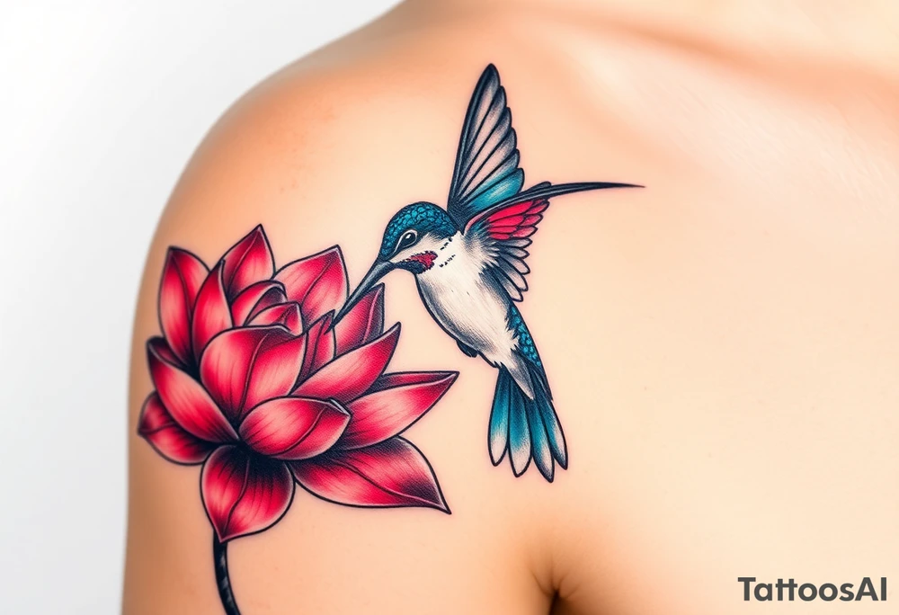 A hummingbird drinking nectar from an Egyptian lotus, make bird black (only red , blue and black are possible colors) tattoo idea