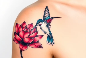 A hummingbird drinking nectar from an Egyptian lotus, make bird black (only red , blue and black are possible colors) tattoo idea