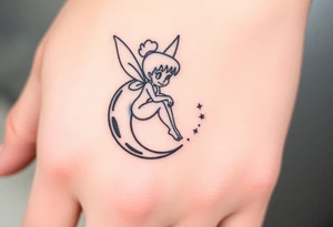 Tinkerbell sitting on a half moon thrown pixie dust tattoo idea