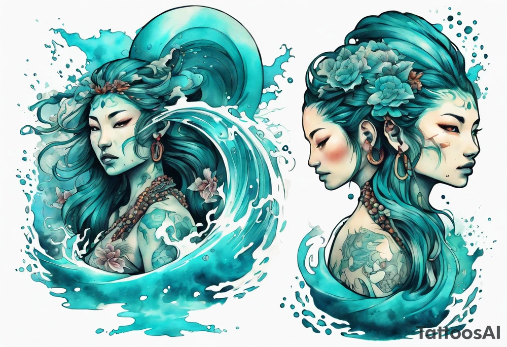 a turquoise Na'vi woman standing in the sea surrounded by crashing waves tattoo idea