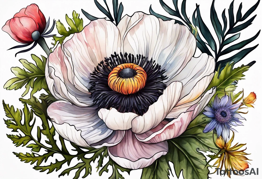 a white anemone with black center with thistles, ferns, ranuculus, sun flowers, red flowers, pink flowers, orange flowers, yellow flowers in watercolor tattoo idea