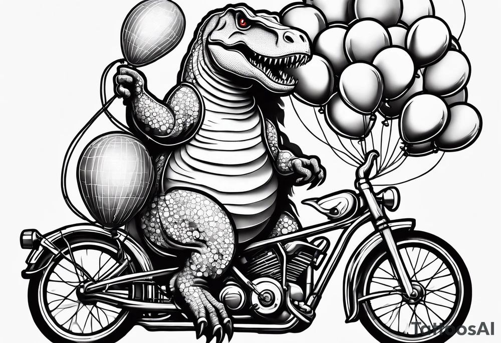 Trex riding a bicycle holding balloons tattoo idea