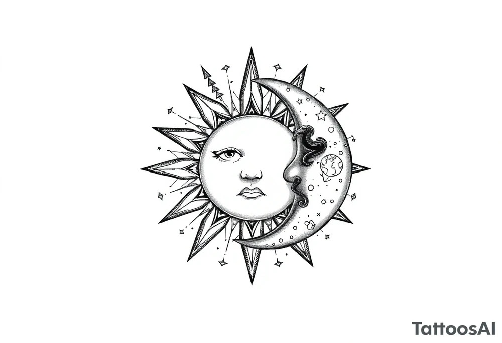 celestial sun and moon embrace with constellation patterns tattoo idea celestial sun and moon embrace with constellation patterns tattoo idea
