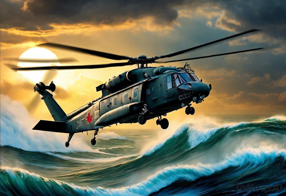 A cinematic-style tattoo depicting a Canadian military CH-148 Cyclone helicopter performing a daring maneuver over a turbulent ocean. The sky should be filled with dramatic clouds, and the sun should be setting, casting long shadows. The helicopter should be the main focus, with intricate details and a sense of motion tattoo idea