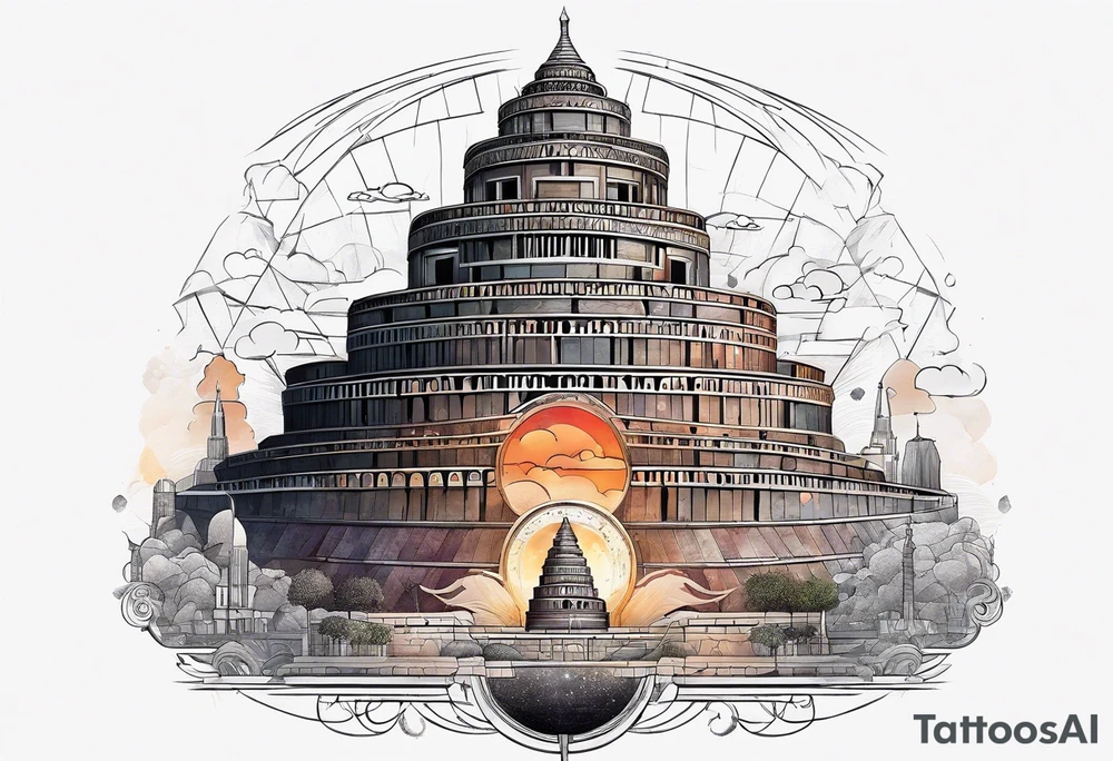 Babel tower with a cosmic background tattoo idea