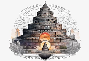 Babel tower with a cosmic background tattoo idea
