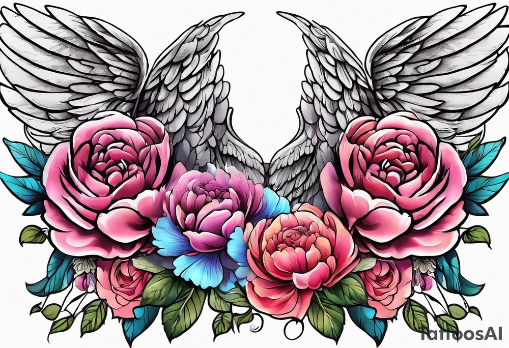 beautiful angel wings with floral peonies, roses, neon, brightly colored. highly detailed, tattoo idea