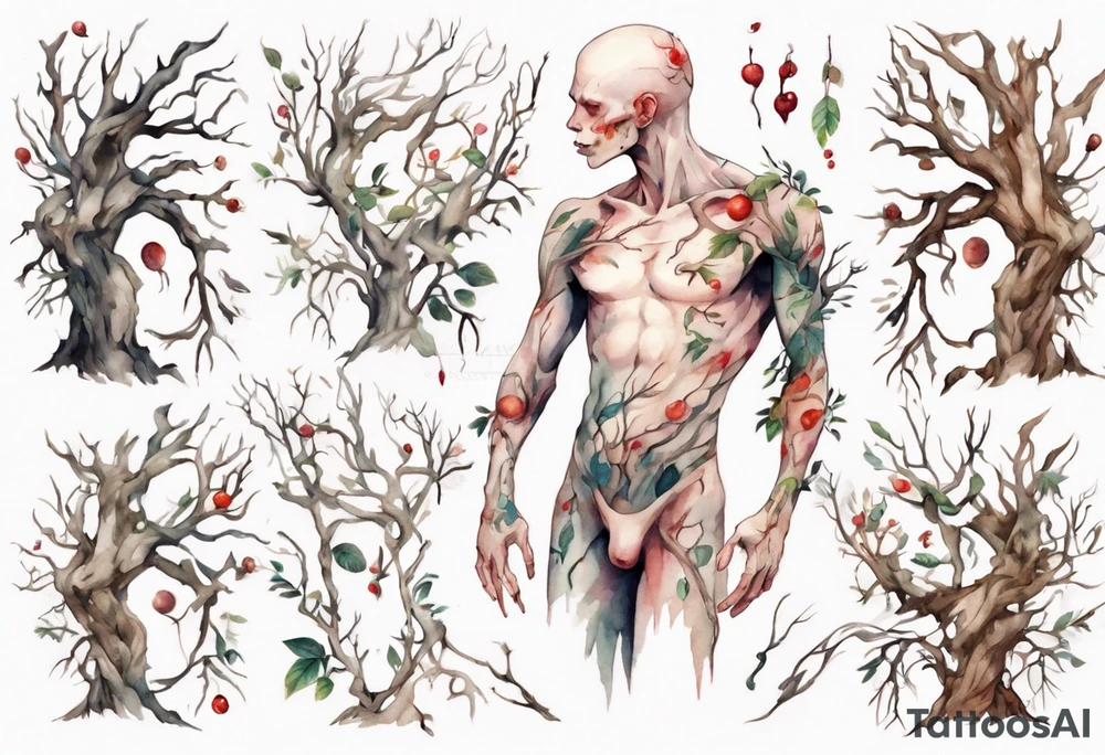 a pale man made out of tree branches tattoo idea