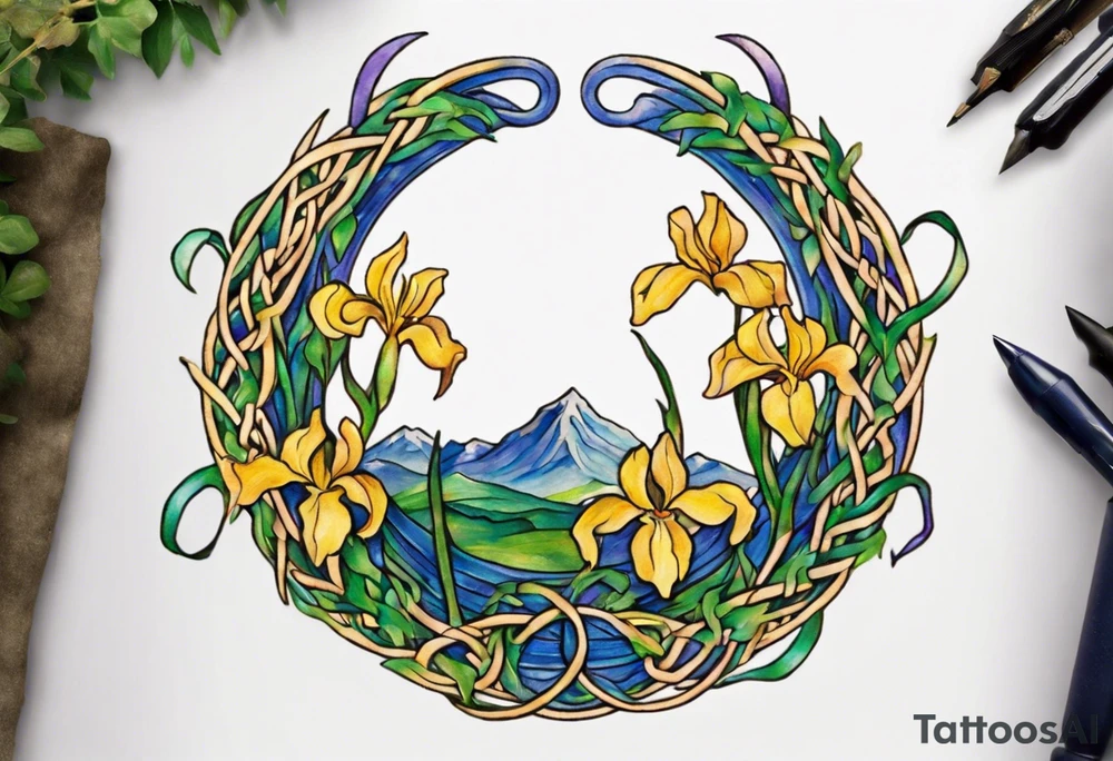 Create a small, colorful Vincent van Gogh Irises tattoo in the form of a crescent, with vines in Celtic knot style gracefully intertwining at a central point in the middle of the wreath. The intended placement is on the upper chest. The middle needs mountains. The overall design should be small in size while maintaining a delicate and artistic aesthetic. Pay attention to the graceful flow of the vines and the placement of the irises to achieve a refined and elegant look. tattoo idea