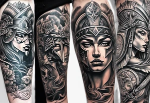 Leg sleeve tattoo of warriors from
 Different eras tattoo idea