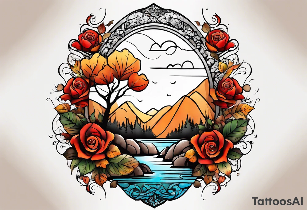 thigh tattoo in fall colors, showing water flow, rocks, sky, clouds, leaves, roses tattoo idea