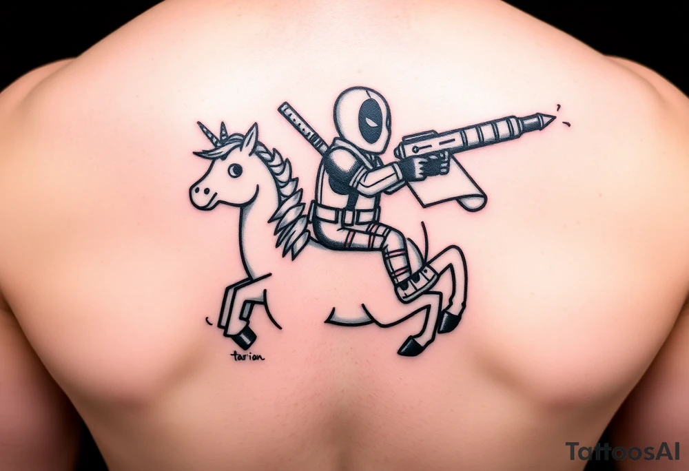 Deadpool riding unicorn pointing rocket propelled grenade launcher tattoo idea