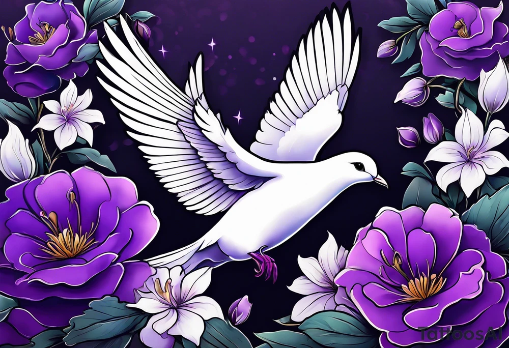 Purple flowers with a small realistic white dove coming from heaven to commemorate somebody that passed away. tattoo idea