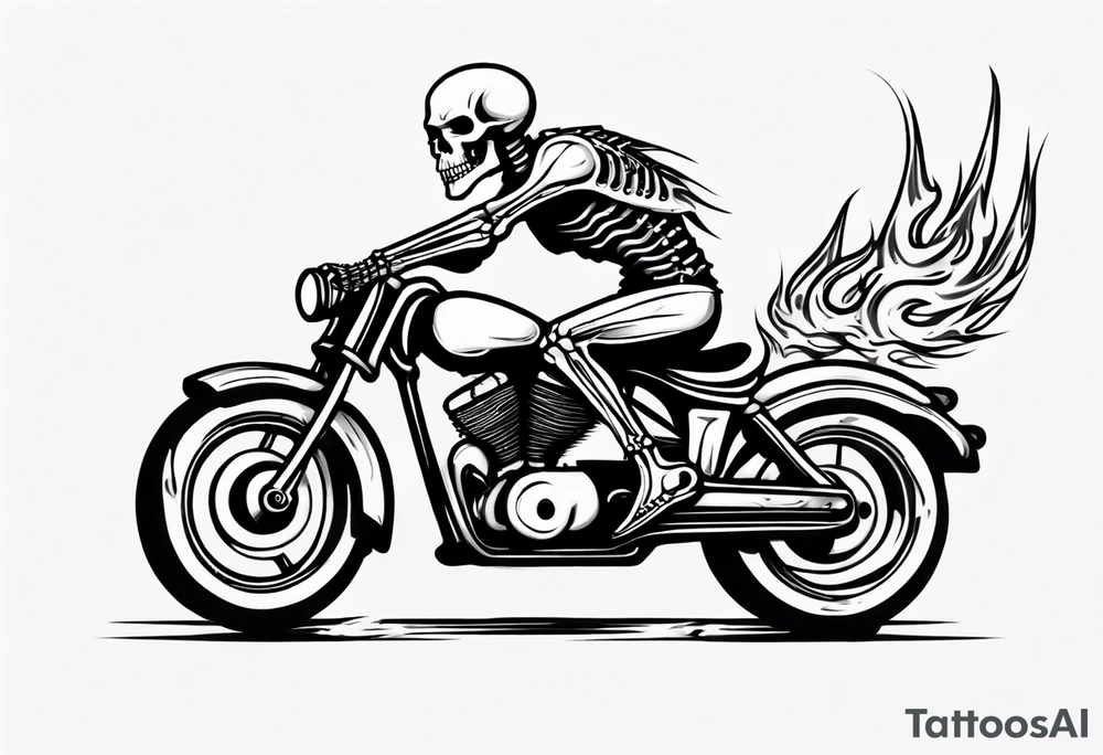 A skeleton riding a motorcycle with flames front view tattoo idea