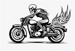A skeleton riding a motorcycle with flames front view tattoo idea