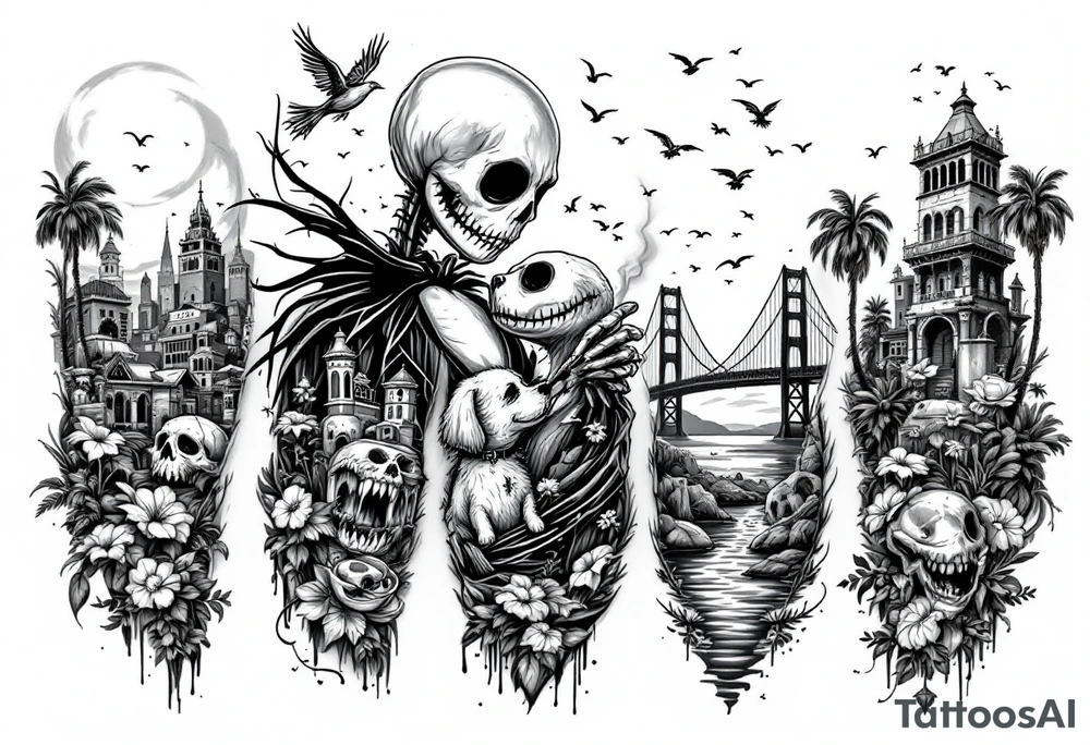jack skellington with dog,smoking a blunt and fishing,surrounded by city buildings,golden gate bridge, birds, palm trees, tattoo idea