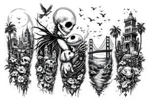 jack skellington with dog,smoking a blunt and fishing,surrounded by city buildings,golden gate bridge, birds, palm trees, tattoo idea