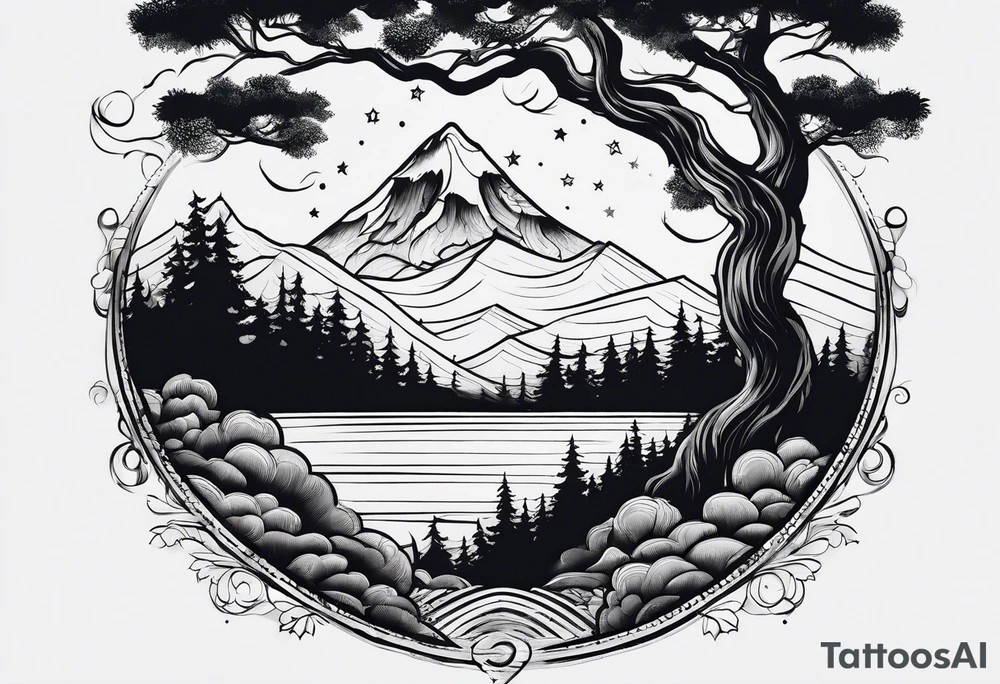 3 stars above a mountain. Waves underneath, trees to the sides tattoo idea