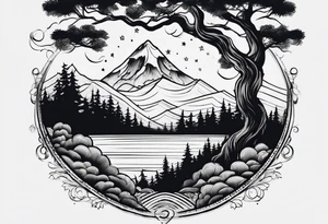 3 stars above a mountain. Waves underneath, trees to the sides tattoo idea
