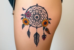 Dreamcatcher with zodiac symbols and protection runes caught in it with tigerlillies roses and sunflowers tattoo idea