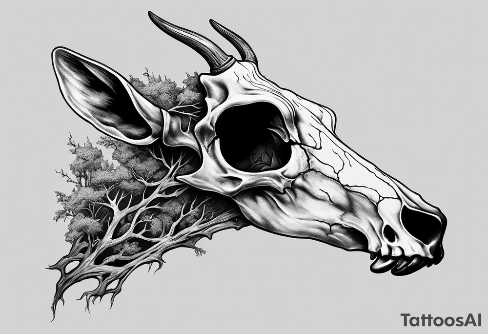 A side view of a decayed deer skull with no skin JUST BONE FOREST FIRE tattoo idea