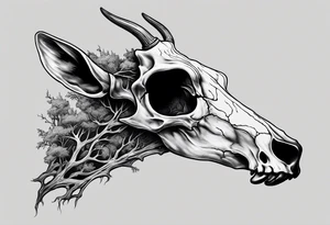 A side view of a decayed deer skull with no skin JUST BONE FOREST FIRE tattoo idea