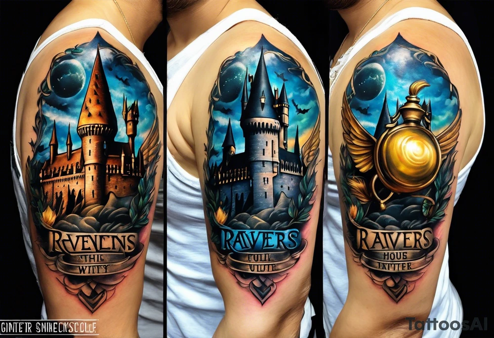 Harry Potter themed full sleeve. Include the Hogwarts castle, a golden snitch, and the Ravenclaw house crest tattoo idea