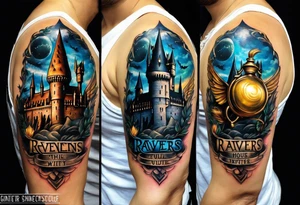 Harry Potter themed full sleeve. Include the Hogwarts castle, a golden snitch, and the Ravenclaw house crest tattoo idea