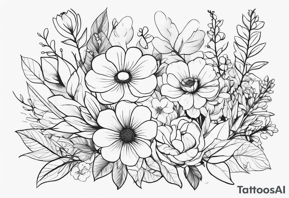 fine line flowers surrrounded by greenary with powerful words some where in the tattoo more minimalist tattoo idea