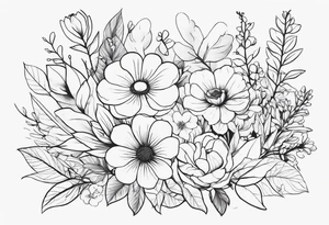 fine line  flowers surrrounded by greenary with powerful words some where in the tattoo more minimalist tattoo idea