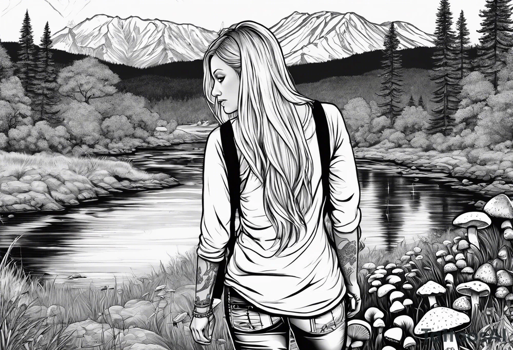 Whole picture encircled fully

Straight long blonde hair hippie girl in distance holding mushrooms in hand facing away toward mountains and creek surrounded by mushrooms long sleeve shirt and hiking pants; whole rendering within a full circle, no cut off circle tattoo idea