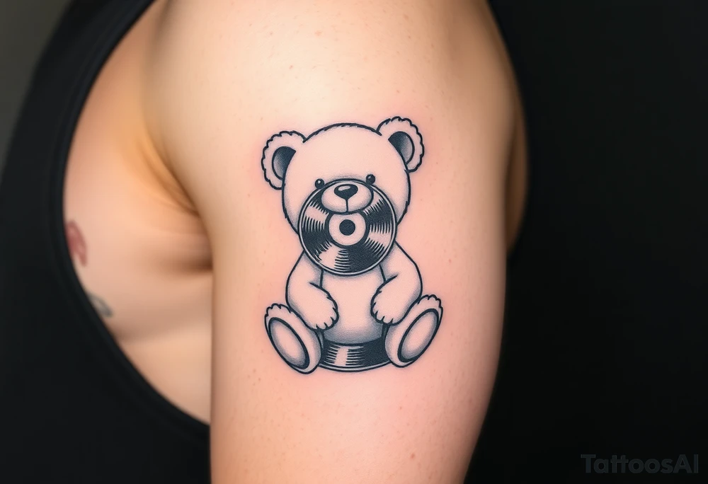 minimalist teddy bear with vinyl records as eyes smiling and sitting on a record tattoo idea