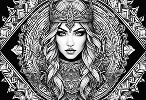 Viking, feminine warrior, mandala, bedroom eyes, headshot, closeup, full design tattoo idea