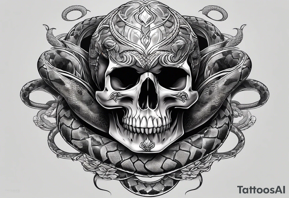 Snake intertwined into a realistic skull tattoo idea