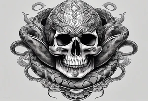 Snake intertwined into a realistic skull tattoo idea
