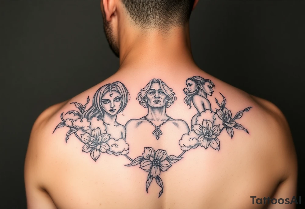 Sexy naked seven deadly sins with clouds and floral tattoo idea