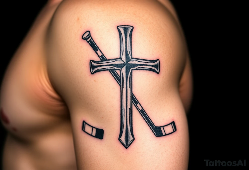 Realistic hockey stick made as a cross tattoo idea