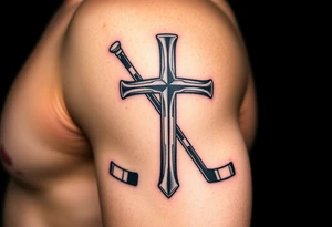 Realistic hockey stick made as a cross tattoo idea
