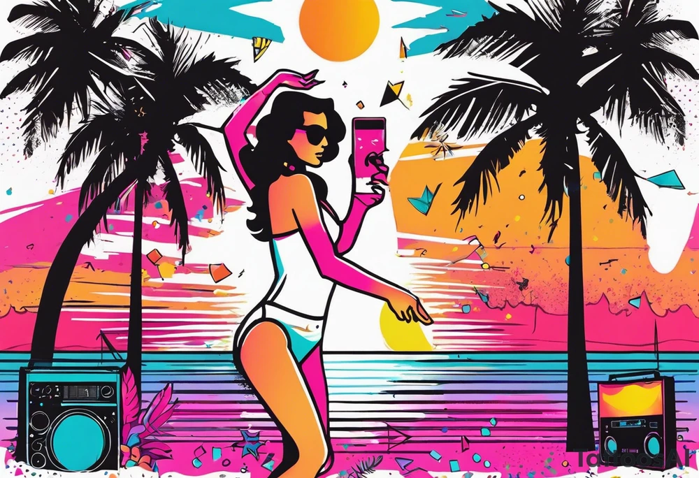 1980's miami vice style beach dance 
party, include confetti, music notes, boom box, bikinis sunset in the center tattoo idea