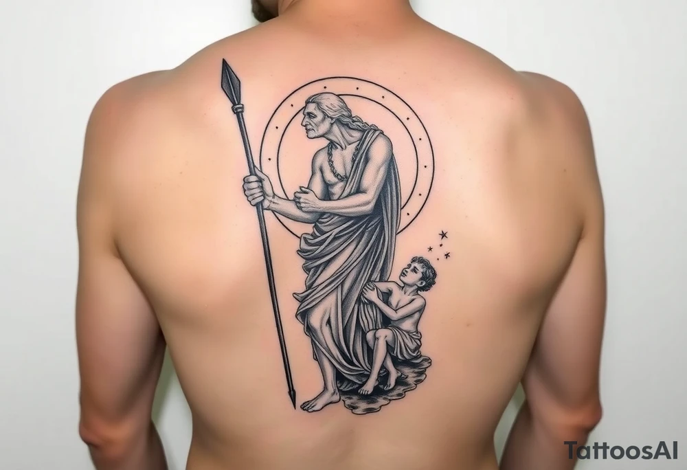 a tattoo design of the Greek God Saturn but older and nearly dying holding his spear looking down using the spear to keep himself upright, in his other arms cradling a twin dying younger version of himself. The gemini constellation is in the background behind the Saturn Gods. Long vertical form as this will be on a thigh - include the planet Saturn rings going round the design tattoo idea