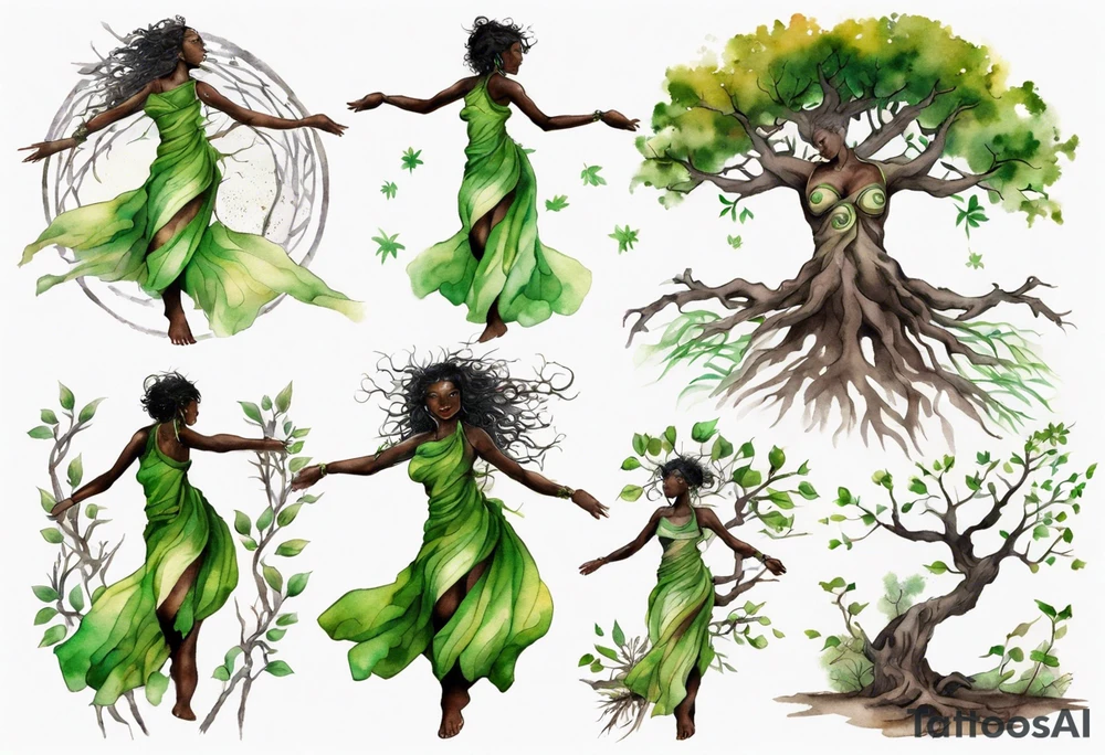 A tree woman with dark skin with green eyes with feet planted in the dirt and branch arms reaching up towards the sun tattoo idea