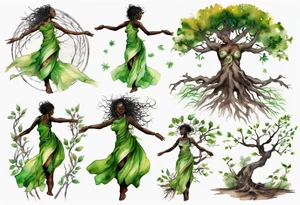 A tree woman with dark skin with green eyes with feet planted in the dirt and branch arms reaching up towards the sun tattoo idea