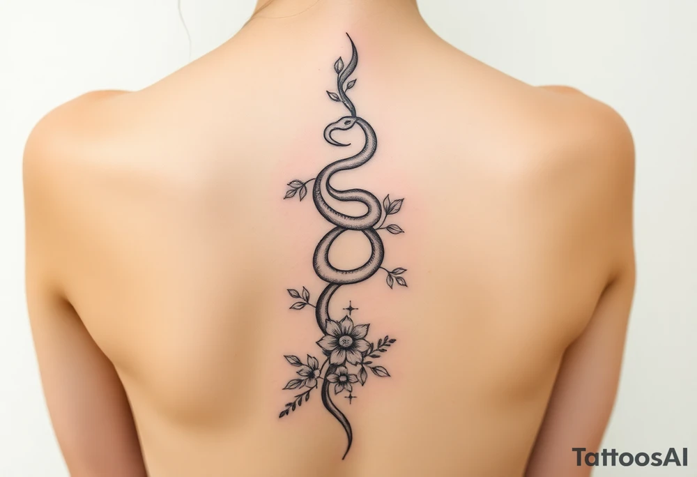 generate a spine tattoo with a snake wrapping around the spine and light florals tattoo idea