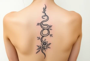 generate a spine tattoo with a snake wrapping around the spine and light florals tattoo idea