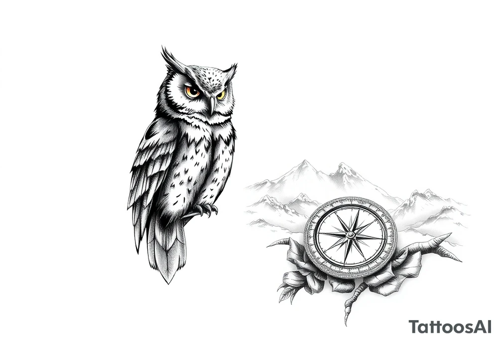 an owl,a compass,landscape. tattoo idea