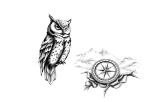 an owl,a compass,landscape. tattoo idea