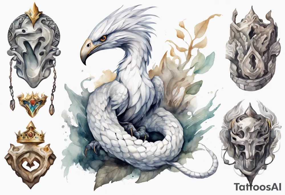 a watercolor of a white bird-serpent hybrid wearing an iron crown, perched upon a stone tattoo idea