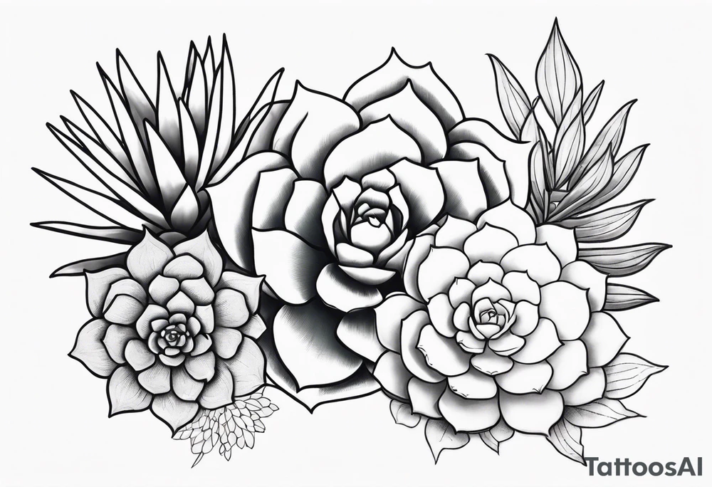 fine line. one big succulent in the middle. Two smaller succulents on the side. Dots and floral
. Sternum tattoo grey scale shading tattoo idea