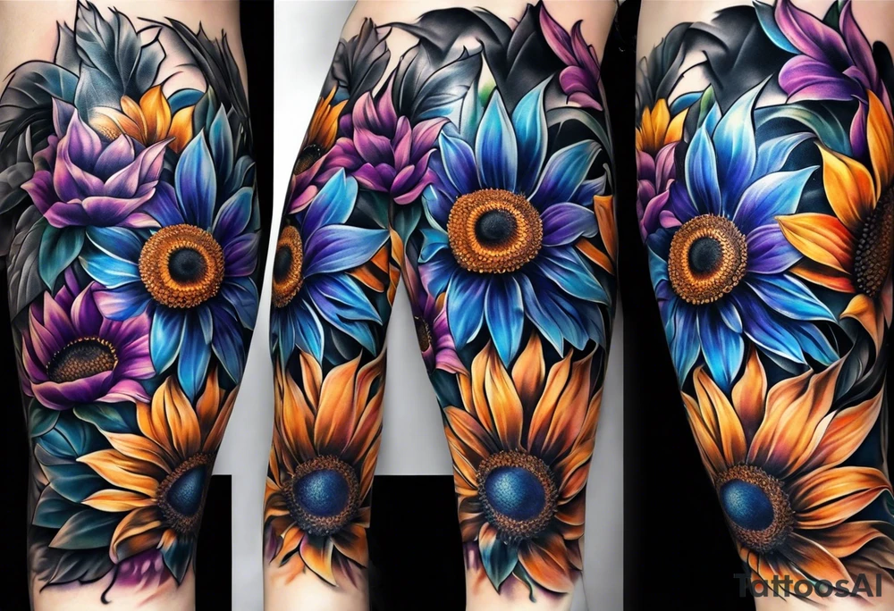 Full leg sleeve with purple, orange and blue sunflowers tattoo idea