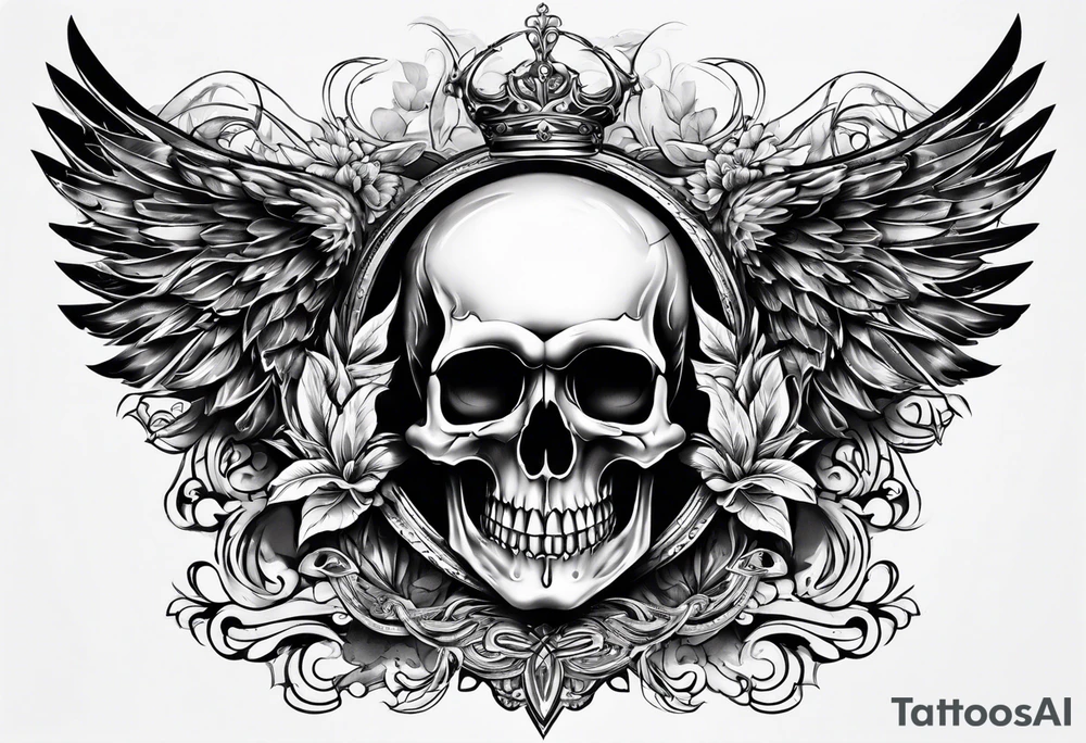chest skull and wings tattoo idea
